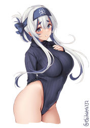 Rule 34 | 1girl, alternate costume, arm behind back, black leotard, blue eyes, blue headband, blush, breasts, cropped legs, ebifurya, folded ponytail, groin, hair between eyes, hand on own chest, headband, highres, kamoi (kancolle), kantai collection, large breasts, leotard, long hair, long sleeves, one-hour drawing challenge, open mouth, ribbed leotard, simple background, solo, twitter username, white background, white hair