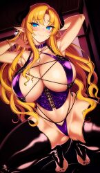 Rule 34 | 1girl, absurdres, armpits, arms up, bare shoulders, blonde hair, blue eyes, blush, breasts, cleavage, commentary, demon girl, demon horns, highres, horns, kook, large breasts, long hair, looking at viewer, navel, original, pointy ears, smile, solo, spread legs, squatting, thighhighs, thighs