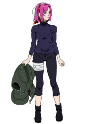 Rule 34 | 1girl, alternate costume, bandages, breasts, clenched hand, eyelashes, flak jacket, full body, green eyes, haruno sakura, headband, holding, jacket, long sleeves, melonex, naruto, naruto (series), pink hair, shoes, simple background, solo, standing, tight clothes, white background, zipper