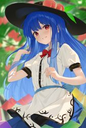 Rule 34 | 1girl, black hat, blue hair, blue skirt, blurry, blurry background, buttons, center frills, collared shirt, fingernails, frills, fruit hat ornament, grin, hat, hat ornament, highres, hinanawi tenshi, kanpa (campagne 9), long hair, looking at viewer, peach hat ornament, rainbow order, red eyes, shirt, short sleeves, skirt, smile, solo, touhou, white shirt