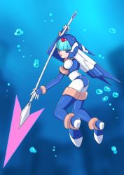 Rule 34 | 1girl, android, bent over, blue eyes, bodysuit, bubble, capcom, full body, helmet, high heels, holding, holding spear, holding weapon, leroy, fairy leviathan (mega man), looking at viewer, looking back, open mouth, mega man (series), mega man zero (series), spear, thigh boots, underwater, water, weapon