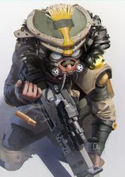 Rule 34 | 1boy, absurdres, apex legends, bad id, bad twitter id, black hair, bloodhound (apex legends), from above, gradient background, helmet, highres, knee pads, kusami toka naku au, looking down, male focus, mask, science fiction, scope, shadow, shell casing, solo