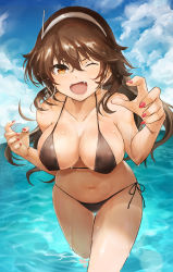 Rule 34 | 1girl, ashigara (kancolle), bare arms, bare legs, bare shoulders, bikini, black bikini, breasts, brown eyes, brown hair, cleavage, collarbone, day, fake horns, fangs, fingernails, hair between eyes, hairband, highres, horned headwear, horns, kantai collection, large breasts, long hair, nail polish, navel, ocean, one eye closed, open mouth, red nails, smile, solo, swimsuit, toka (marchlizard), white hairband