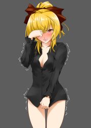 Rule 34 | 1girl, bad id, bad pixiv id, blonde hair, blush, bottomless, breasts, cleavage, covering privates, covering crotch, embarrassed, female focus, hair over one eye, hair ribbon, kurodani yamame, lips, mattari yufi, naked shirt, no pants, red eyes, ribbon, shirt, simple background, solo, touhou, trembling