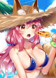 Rule 34 | 1girl, absurdres, animal ear fluff, animal ears, bare shoulders, bikini, blue bikini, blue sky, blush, breasts, brown eyes, cleavage, cloud, cloudy sky, collarbone, commentary, day, ears through headwear, fang, fate/grand order, fate (series), fingernails, food, fox ears, fox girl, fox tail, hair between eyes, hand up, hat, highres, holding, holding food, horizon, kisaragi saki, large breasts, long hair, ocean, open mouth, outdoors, pink hair, sky, solo, straw hat, swimsuit, tail, tamamo (fate), tamamo no mae (fate/extra), tamamo no mae (swimsuit lancer) (fate), water, wet