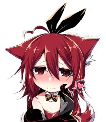 Rule 34 | 1girl, ahoge, animal ears, black bow, blush, bow, bowtie, chibi, commentary request, dated, detached collar, ears down, flying sweatdrops, fox ears, fox tail, hair between eyes, hair bow, heart, konshin, looking at viewer, nose blush, opera the vermelho, original, red eyes, red hair, signature, simple background, solo, spoken heart, tail, white background