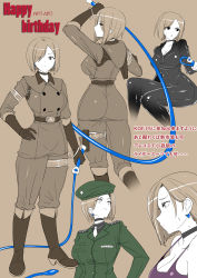 Rule 34 | 1girl, belt, boots, choker, earrings, from behind, full body, hand on own hip, happy birthday, highres, jewelry, jumpsuit, military, military uniform, multiple views, necktie, okyou, ring, shirt, simple background, snk, t-shirt, the king of fighters, thigh strap, uniform, whip, whip (kof)