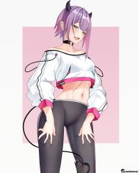 Rule 34 | 1girl, abs, adapted costume, alternate costume, alternate hairstyle, asymmetrical hair, bare shoulders, between legs, black choker, blush, breasts, character name, choker, collarbone, contrapposto, cowboy shot, crop top, demon horns, demon tail, earclip, fang, green eyes, half-closed eyes, hands on own thighs, highres, hololive, horns, legs, looking at viewer, midriff, multicolored hair, navel, navel piercing, o-ring, o-ring choker, off-shoulder shirt, off shoulder, open mouth, pants, piercing, pink background, pink hair, purple eyes, shirt, short hair with long locks, sidelocks, simple background, small breasts, smile, solo, spike piercing, string, tail, tail between legs, tail ornament, tail piercing, therrao, thighs, tokoyami towa, tsurime, two-tone hair, virtual youtuber, white background, yoga pants