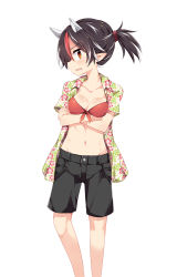 Rule 34 | 1girl, alternate hairstyle, bikini, bikini top only, black hair, black shorts, breast hold, breasts, cleavage, crossed arms, front-tie bikini top, front-tie top, hawaiian shirt, highres, horns, kijin seija, looking at viewer, maturiuta sorato, medium breasts, multicolored hair, navel, pointy ears, ponytail, profile, red bikini, red eyes, red hair, shirt, short ponytail, short sleeves, shorts, simple background, solo, standing, stomach, streaked hair, sweatdrop, swimsuit, touhou, white background, white hair