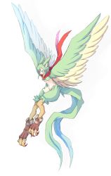 Rule 34 | 1girl, 4138, feathered wings, feathers, female focus, flying, green hair, harpy, highres, monster girl, navel, original, ribs, scarf, simple background, solo, white background, wings