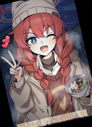 Rule 34 | 1girl, blue archive, blush, bowl, braid, bright pupils, brown sweater, chopsticks, food, grey hat, grey jacket, halo, hat, heart, highres, holding, holding bowl, holding chopsticks, jacket, kurosteel ds, long hair, looking at viewer, maki (blue archive), maki (camp) (blue archive), one eye closed, open clothes, open jacket, open mouth, red hair, red halo, smile, solo, sweater, twin braids, v, white pupils