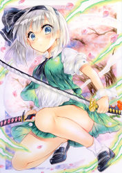 1girl black_footwear black_hairband blouse blue_eyes blush cherry_blossoms from_below green_skirt hair_ribbon hairband holding holding_weapon konpaku_youmu konpaku_youmu_(ghost) loafers looking_at_viewer marker_(medium) mary_janes miniskirt petals puffy_short_sleeves puffy_sleeves ribbon shirt shoes short_hair short_sleeves skirt skirt_set socks solo sword takadono318 touhou traditional_media vest weapon white_shirt white_socks