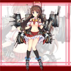 Rule 34 | 1girl, anchor hair ornament, anklet, black socks, bow, breasts, brown gloves, brown hair, caio duilio (warship girls r), cannon, chain, closed mouth, crop top, cropped jacket, frilled skirt, frills, frown, full body, gloves, grey footwear, hair ornament, halo, highres, holding, horns, italian flag, italy, jacket, jewelry, jianren, knees together feet apart, long hair, looking at viewer, machinery, midriff, navel, official art, plaid, plaid skirt, puffy short sleeves, puffy sleeves, purple eyes, red skirt, shell, shoes, short sleeves, skirt, socks, solo, standing, turret, underboob, warship girls r, white jacket, yellow bow, zoom layer