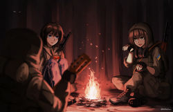 Rule 34 | 3girls, :d, backpack, bag, black footwear, black gloves, blue eyes, blue pants, blurry, blurry foreground, boots, brown hair, brown jacket, brown pants, campfire, commentary, cross-laced footwear, depth of field, fingerless gloves, gas mask, gloves, green eyes, guitar, gun, hair between eyes, hand up, highres, holding, holding instrument, instrument, jacket, knees up, lace-up boots, long sleeves, mask, multiple girls, ndtwofives, open mouth, pants, parted lips, respirator, smile, stalker (game), twitter username, ukrainian flag, weapon, weapon on back, when you see it