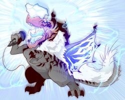 Rule 34 | anjanath, blue tongue, colored skin, colored tongue, commentary, commentary request, electricity, emphasis lines, english commentary, epic, glowing, highres, kang raptor, microphone, mixed-language commentary, monster hunter (series), multicolored skin, music, no humans, open mouth, sharp teeth, singing, solo, tail, teeth, two-tone skin, wings