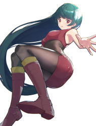 Rule 34 | 1girl, absurdres, bare arms, bodysuit, boots, breasts, brown bodysuit, commentary request, creatures (company), floating hair, from below, game freak, green hair, gym leader, highres, itou kazuki, knees together feet apart, long hair, looking at viewer, nintendo, parted lips, pokemon, pokemon frlg, pokemon lgpe, red eyes, red footwear, red shirt, red skirt, sabrina (pokemon), shirt, side slit, simple background, skirt, sleeveless, sleeveless shirt, solo, spread fingers, white background