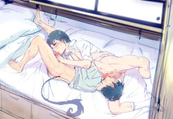 Rule 34 | 2boys, 69, ao no exorcist, ass, bed, bottomless, brothers, cum, drooling, fellatio, glasses, incest, male focus, multiple boys, okojo (qqww), okumura rin, okumura yukio, oral, penis, pointy ears, saliva, siblings, sweat, tagme, tail, testicles, yaoi