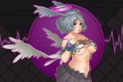 Rule 34 | 1girl, angel wings, bad id, bad pixiv id, breasts, halo, head wings, huge breasts, large breasts, purple eyes, sakai toshihiro, short hair, silver hair, skirt, solo, strapless, tube top, unbuttoned, underboob, wings
