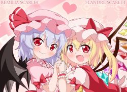 Rule 34 | 2girls, bat wings, blonde hair, blue hair, character name, dress, fang, flandre scarlet, holding hands, hat, hat ribbon, interlocked fingers, kagerou (kers), mob cap, multiple girls, open mouth, pink dress, puffy short sleeves, puffy sleeves, red dress, red eyes, remilia scarlet, ribbon, sash, shirt, short sleeves, siblings, side ponytail, silver hair, sisters, smile, touhou, wings, wrist cuffs