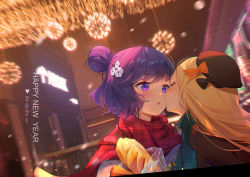 Rule 34 | 2girls, abigail williams (fate), absurdres, bag, baguette, beret, black bow, blonde hair, blush, bow, bread, chromatic aberration, closed eyes, commentary, english commentary, fate/grand order, fate (series), flower, food, hair bow, hair bun, hair flower, hair ornament, happy new year, hat, highres, katsushika hokusai (fate), kiss, kissing cheek, long hair, looking at another, multiple girls, new year, orange bow, plaid, plaid scarf, purple eyes, purple hair, scarf, shawl, short hair, sidelocks, single hair bun, somna, surprised, yuri