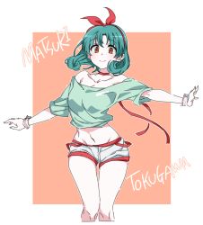 Rule 34 | aqua hair, blouse, bow, brown eyes, character name, choker, collarbone, crop top, feet out of frame, green shirt, hair bow, hairband, highres, idolmaster, idolmaster million live!, korean commentary, looking at viewer, midriff, navel, off-shoulder shirt, off shoulder, red bow, red hairband, red ribbon, ribbon, ribbon choker, shirt, short shorts, short sleeves, shorts, sidarim, simple background, smile, solo, thigh gap, tokugawa matsuri, two-tone background, white shorts, wrist cuffs