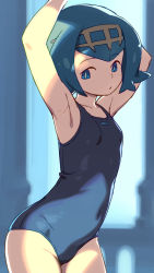 Rule 34 | 1girl, armpits, arms up, blue eyes, blue hair, blue theme, breasts, commentary, covered navel, cowboy shot, creatures (company), freckles, game freak, hairband, lana (pokemon), looking down, nintendo, no sclera, om (nk2007), one-piece swimsuit, pokemon, pokemon sm, short hair, small breasts, solo, swimsuit