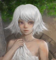 Rule 34 | 1girl, bad id, bad pixiv id, bare shoulders, covering privates, covering breasts, highres, holding cloth, jinsai sa sa, leaf, mole, mole under eye, original, parted lips, portrait, purple eyes, realistic, sideways glance, solo, white hair