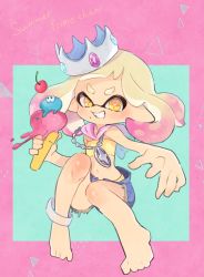 Rule 34 | + +, 1girl, ankle boots, barefoot, bikini, blue shorts, blunt bangs, boots, cherry, commentary request, crown, cursive, cutoffs, denim, denim shorts, english text, food, foreshortening, fruit, full body, gradient hair, grin, holding, hood, ice cream, ice cream cone, inkling, jewelry, looking at viewer, mole, mole under mouth, multicolored hair, navel, necklace, nintendo, outside border, pearl (splatoon), pendant, pink hair, pointy ears, short hair, shorts, skirt, smile, solo, splatoon (series), splatoon 2, standing, strapless, strapless bikini, swimsuit, triangle, ueda kou, v-shaped eyebrows, white hair, yellow bikini, yellow eyes, yellow skirt