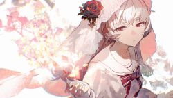 Rule 34 | 1girl, :/, arcaea, arms at sides, backlighting, blurry, blurry background, bow, bowtie, closed mouth, flower, hair flower, hair ornament, highres, hikari (arcaea), hikari (zero) (arcaea), light, lobelia (saclia), long hair, looking at viewer, plant, red bow, red eyes, red flower, sailor collar, shirt, sidelocks, simple background, solo, standing, upper body, veil, white background, white hair, white sailor collar, white shirt