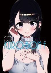 Rule 34 | 1girl, bare arms, black background, black hair, breasts, cleavage, cleavage cutout, closed mouth, clothing cutout, cloud, comiket 96, cover, cover page, hand on own chest, hand up, hands up, highres, kuro (toi et moi), long hair, looking at viewer, meme attire, nail polish, open-chest sweater, original, purple eyes, simple background, sleeveless, sleeveless sweater, smile, solo, sweater, turtleneck, turtleneck sweater, upper body, white sweater