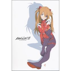Rule 34 | 10s, 1girl, blue eyes, copyright name, english text, evangelion: 3.0 you can (not) redo, full body, hair between eyes, highres, honda takeshi, leaning to the side, long hair, neon genesis evangelion, official art, orange hair, parted bangs, plugsuit, rebuild of evangelion, scan, simple background, sitting, smile, souryuu asuka langley, two side up, white background