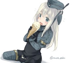 Rule 34 | 10s, 1girl, black dress, blonde hair, blue eyes, cropped jacket, dress, eating, flying sweatdrops, food, garrison cap, hat, highres, holding, ice cream, ice cream cone, jpeg artifacts, juliet sleeves, kantai collection, licking, long hair, long sleeves, maruki (punchiki), military, military uniform, puffy long sleeves, puffy sleeves, simple background, solo, suggestive fluid, twitter username, u-511 (kancolle), uniform, white background