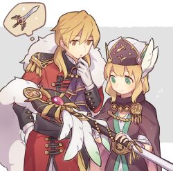 Rule 34 | 1boy, 1girl, :o, blonde hair, brown eyes, closed mouth, coat, commentary request, eldigan (fire emblem), eldigan (masquerade) (fire emblem), epaulettes, fire emblem, fire emblem: genealogy of the holy war, fire emblem heroes, fur-trimmed coat, fur trim, gloves, gold trim, green eyes, grey background, haconeri, head wings, holding, holding sword, holding weapon, jewelry, medium hair, nanna (fire emblem), nanna (scion) (fire emblem), nintendo, official alternate costume, open mouth, smile, sparkle, sword, two-tone background, uncle and niece, weapon, white background, white gloves, wings