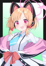 Rule 34 | 1girl, animal ear headphones, animal ears, black jacket, blonde hair, blue archive, blue necktie, blunt bangs, blush, bow, breasts, cat ear headphones, collared shirt, commentary request, cowboy shot, fake animal ears, fang, gradient background, green background, hair bow, halo, headphones, highres, jacket, jakomurashi, long sleeves, looking at viewer, medium bangs, momoi (blue archive), multicolored clothes, multicolored jacket, necktie, open mouth, pink eyes, pink halo, pink jacket, red bow, shirt, short hair, small breasts, smile, solo, suspenders, white shirt
