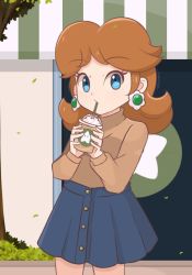 Rule 34 | 1girl, alternate costume, artist name, blue eyes, blue skirt, breasts, brown hair, brown sweater, building, buttons, casual, chocomiru, cowboy shot, cream, cup, day, drink, drinking, drinking straw, earrings, female focus, frappuccino, grass, hands up, holding, holding cup, jewelry, jpeg artifacts, logo parody, long hair, long sleeves, looking at viewer, mario (series), miniskirt, nintendo, outdoors, parted bangs, pleated skirt, princess daisy, sidelocks, signature, skirt, small breasts, solo, star (symbol), starbucks, sweater, sweater tucked in, tree, turtleneck, turtleneck sweater, twitter username