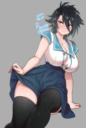 Rule 34 | 1girl, 2021, agawa ryou, black hair, black thighhighs, blue eyes, blush, breasts, cleavage, commentary, dated, english commentary, grey background, large breasts, leg lift, looking at viewer, original, short hair, simple background, skirt, solo, sweatdrop, thighhighs, thighs, wavy mouth