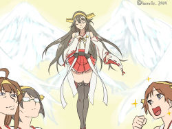Rule 34 | + +, 10s, 4girls, ahoge, angel wings, baffu, bare shoulders, black footwear, black legwear, boots, brown hair, clenched hand, collarbone, detached sleeves, closed eyes, glasses, grey hair, hair ornament, hairband, hairclip, hand on own chest, haruna (kancolle), headgear, hiei (kancolle), highres, kantai collection, kirishima (kancolle), kongou (kancolle), long hair, multiple girls, multiple wings, opaque glasses, open mouth, short hair, skirt, smile, sparkle, thigh boots, thighhighs, twitter username, wide sleeves, wings, zettai ryouiki
