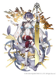 Rule 34 | 1girl, absurdres, alice (sinoalice), arm tattoo, blue hair, breasts, cloak, crossed legs, dark blue hair, full body, hair over one eye, high heels, highres, holding, holding sword, holding weapon, ji no, leg tattoo, looking at viewer, medium breasts, multicolored hair, official art, pale skin, red eyes, short hair, sinoalice, sitting, solo, square enix, straight-on, streaked hair, sword, tattoo, two-tone hair, weapon, white background, white hair