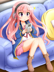 Rule 34 | 10s, 1girl, bad id, bad pixiv id, blue upholstery, boots, candy, console, couch, food, game boy, game boy (original), handheld game console, headphones, lollipop, long hair, nomikata, pillow, pink hair, playing games, pocky, purple eyes, ribbon, sitting, skirt, solo, tantei opera milky holmes, tooyama saku
