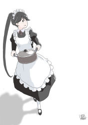 Rule 34 | 1girl, alternate costume, apron, black dress, black hair, collared shirt, commentary request, cooking pot, dress, flats, full body, holding, holding cooking pot, houshou (kancolle), kantai collection, light blush, long hair, long sleeves, looking to the side, maid, maid apron, maid headdress, mihama machi, open mouth, pantyhose, red neckwear, shadow, shirt, side ponytail, simple background, smile, solo, walking, white background, white pantyhose