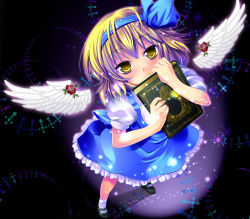 Rule 34 | 1girl, alice margatroid, alice margatroid (pc-98), angel wings, blonde hair, book, female focus, flower, from above, hairband, maki (seventh heaven maxion), mystic square, red flower, red rose, rose, short hair, skirt, smile, solo, suspenders, touhou, touhou (pc-98), wings, yellow eyes