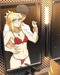 Rule 34 | 1boy, 1girl, abs, absurdres, bare shoulders, blonde hair, bra, braid, breasts, brown hair, cleavage, collarbone, commentary, english commentary, faceless, faceless male, fate/apocrypha, fate/grand order, fate (series), french braid, glasses, green eyes, highres, hyperbudd, jewelry, long hair, mirror, mordred (fate), mordred (fate/apocrypha), navel, necklace, panties, parted bangs, ponytail, red bra, red panties, reflection, short hair, sidelocks, small breasts, sweat, underwear