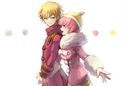 Rule 34 | 1boy, 1girl, :d, ando ruruka, blonde hair, blue eyes, breasts, coat, couple, danganronpa (series), danganronpa 3 (anime), from side, fur-trimmed jacket, fur trim, green shorts, hat, holding hands, izayoi sounosuke, jacket, looking at another, medium breasts, open mouth, pink hair, red eyes, short hair, shorts, simple background, smile, teeth, upper teeth only, white background, winter clothes, youko-shima