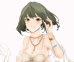 Rule 34 | 1girl, bad id, bad pixiv id, bare shoulders, blue eyes, breasts, cleavage, collarbone, commentary request, earrings, gold, green eyes, green hair, grin, hand in own hair, heterochromia, idolmaster, idolmaster cinderella girls, jewelry, looking at viewer, medium breasts, mole, mole under eye, necklace, off shoulder, shino (mufn5785), short hair, simple background, smile, solo, takagaki kaede, teeth