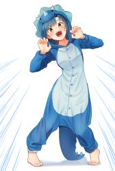 Rule 34 | 1girl, :d, arms up, barefoot, blue hair, blush, claw pose, fake horns, full body, horns, idolmaster, idolmaster million live!, kamille (vcx68), leaning to the side, looking at viewer, nanao yuriko, open mouth, pigeon-toed, rhinoceros costume, short hair, simple background, smile, solo, standing, tareme, white background, yellow eyes