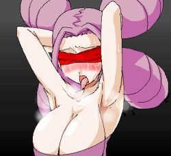 Rule 34 | 1girl, armpits, arms up, bdsm, blindfold, blush, bondage, bound, breasts, cleavage, creatures (company), fantina (pokemon), game freak, gym leader, huge breasts, jouwan, lowres, nintendo, open mouth, pokemon, purple hair, quad tails, saliva, smell, solo, sweat, tears, tongue
