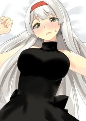 Rule 34 | 10s, 1girl, bare arms, bare shoulders, black dress, blush, breasts, brown eyes, dress, female focus, from above, green eyes, hairband, head tilt, headband, highres, kantai collection, large breasts, long hair, lying, masukuza j, neck, on back, open mouth, shoukaku (kancolle), silver hair, sleeveless, sleeveless dress, sleeveless turtleneck, solo, sweatdrop, turtleneck