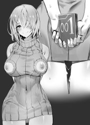Rule 34 | 1girl, arms behind back, blush, breasts, commentary request, condom box, covered navel, cowboy shot, dress, fate/grand order, fate (series), from behind, greyscale, hair over one eye, highres, hxd, large breasts, looking at viewer, mash kyrielight, monochrome, multiple views, nippleless clothes, nipples, okamoto condoms, pussy juice, ribbed sweater, shiny skin, short hair, sleeveless, sleeveless sweater, smile, sweat, sweater, sweater dress, thighs, turtleneck, turtleneck sweater