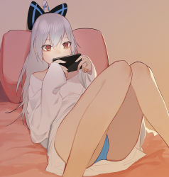 Rule 34 | 1girl, beijuu, bow, cellphone, comfy, commentary, girls&#039; frontline, hair bow, jewelry, knees together feet apart, lying, no pants, on back, on bed, oversized clothes, oversized shirt, panties, phone, pillow, red eyes, ring, screen light, shirt, silver hair, smartphone, solo, textless version, tokarev (girls&#039; frontline), translated, underwear, wedding band