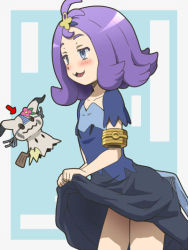 Rule 34 | 1girl, :3, acerola (pokemon), armlet, awa, blue eyes, blush, clothes lift, creatures (company), dress, dress lift, elite four, female focus, flipped hair, game freak, gen 7 pokemon, hair ornament, half-closed eyes, hands up, holding, jpeg artifacts, lifted by self, mimikyu, multicolored clothes, multicolored dress, nintendo, object on head, open mouth, panties, panties on head, pokemon, pokemon (anime), pokemon (creature), pokemon sm (anime), purple hair, short hair, stitches, trial captain, underwear